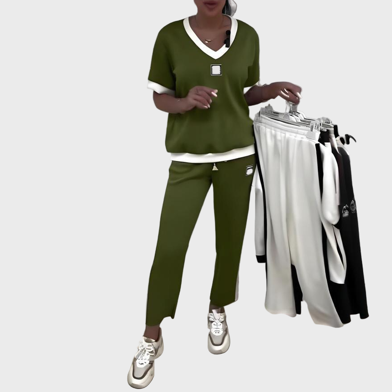 Women's Casual Set with Top and Trousers with V Neckline