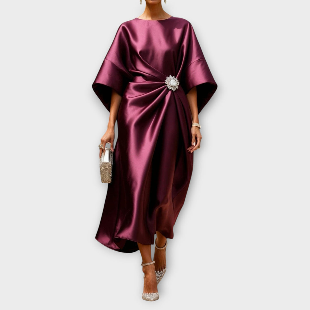 Elegant Satin Evening Gown with Embellished Waist Detail