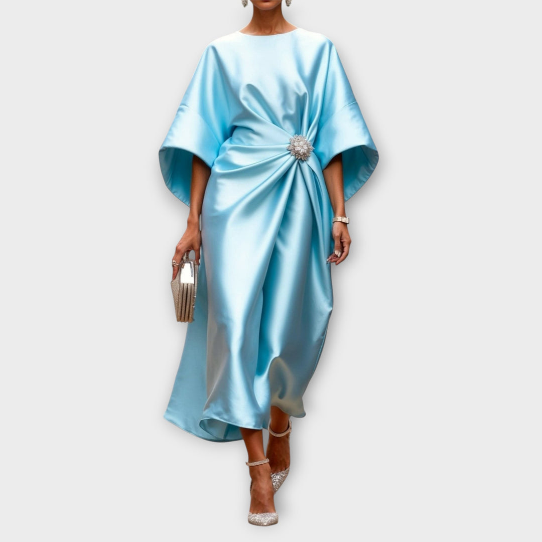Elegant Satin Evening Gown with Embellished Waist Detail