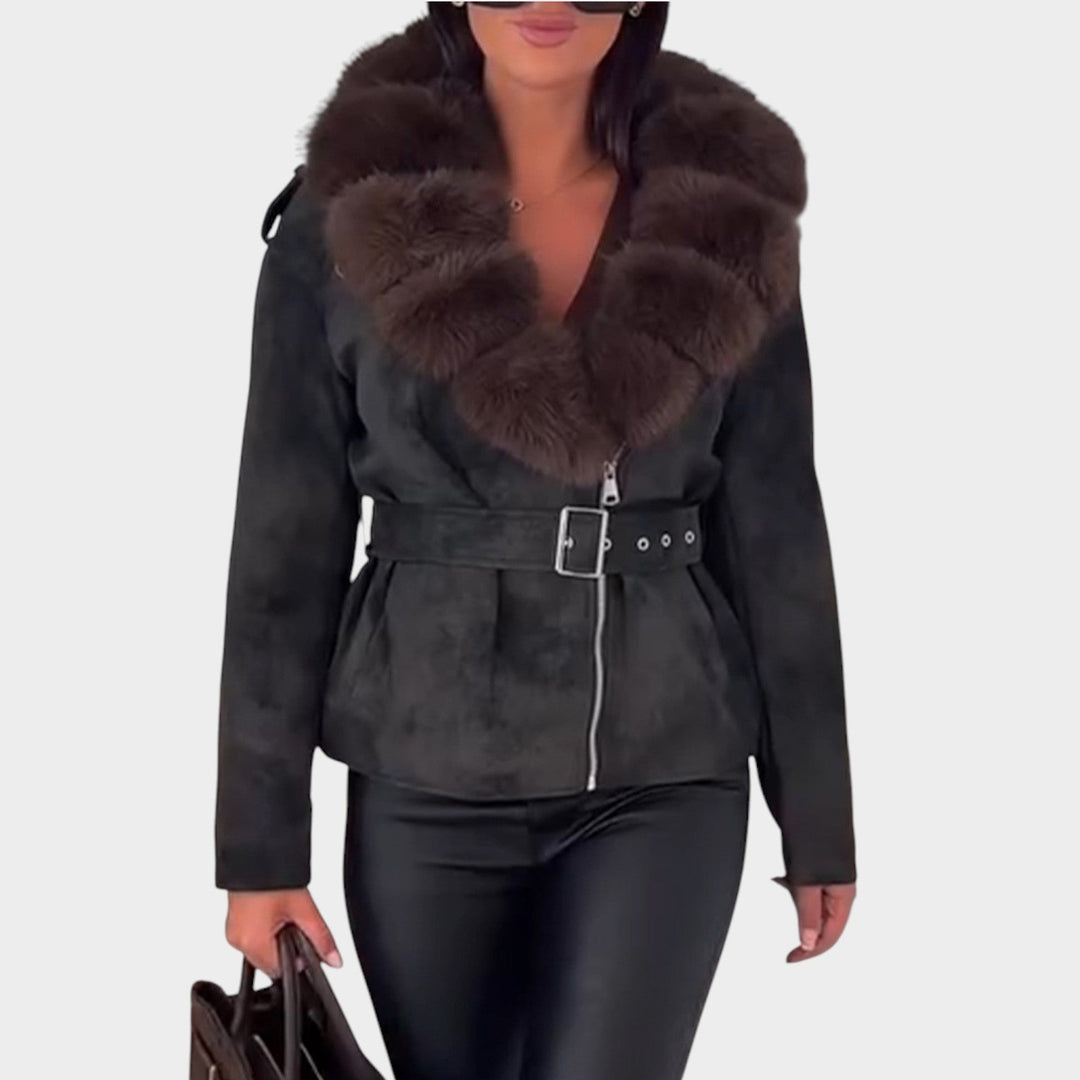 Faux-Fur Collar Belted Jacket