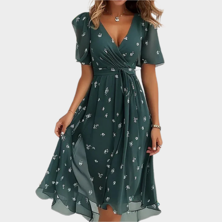Airy Dress with Floral Design and V-Neck