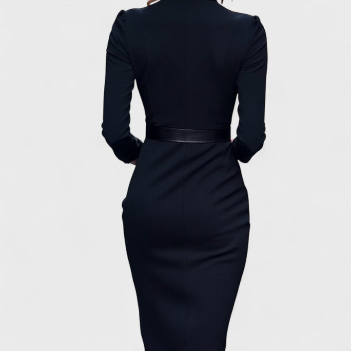 Refined black dress with belt and mandarin collar