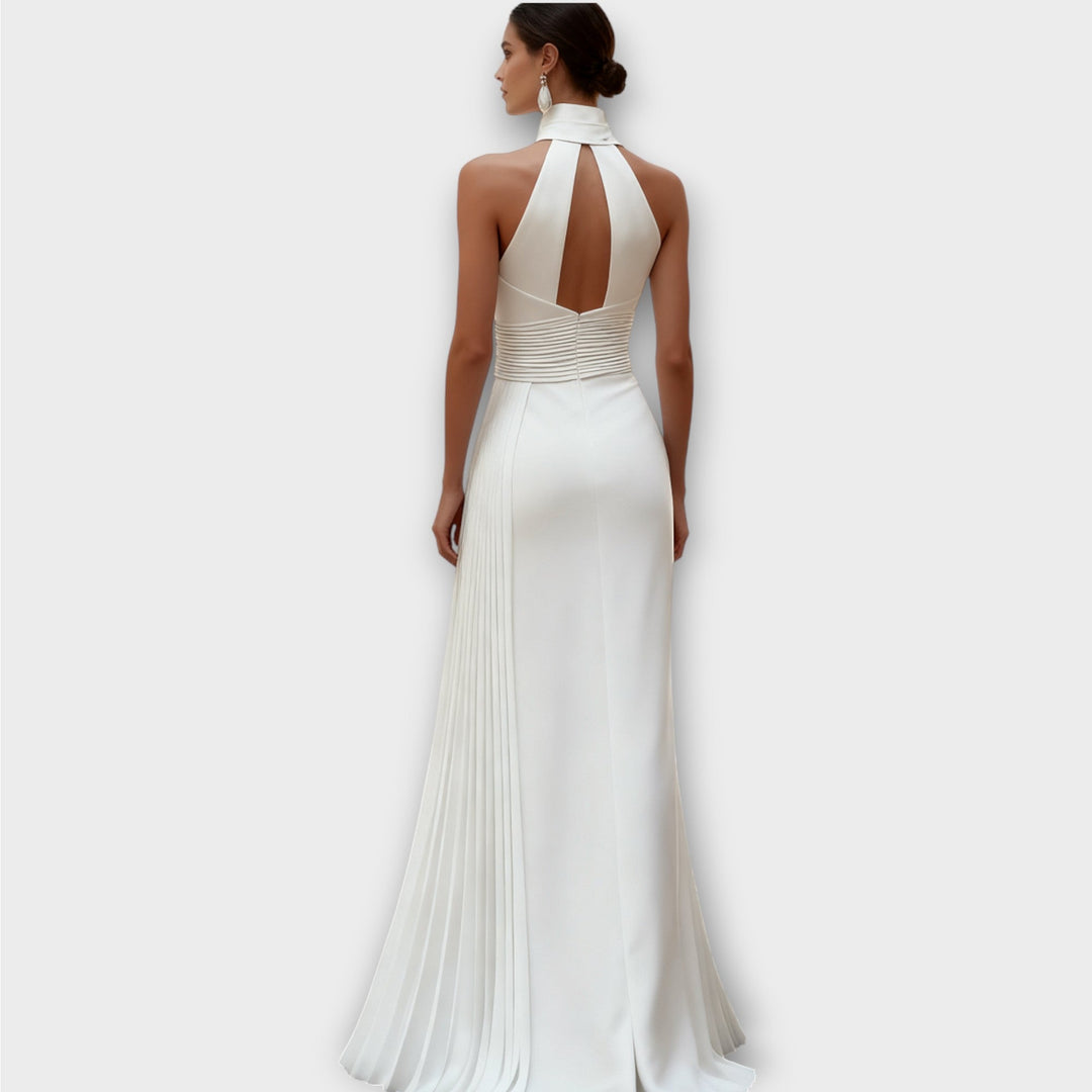Elegant Satin Pleated Halter-Neck Evening Gown