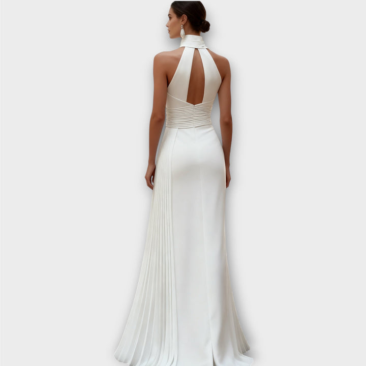 Elegant Satin Pleated Halter-Neck Evening Gown