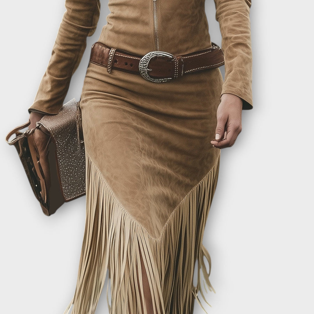 Western Fringe Midi Dress with Belted Waist