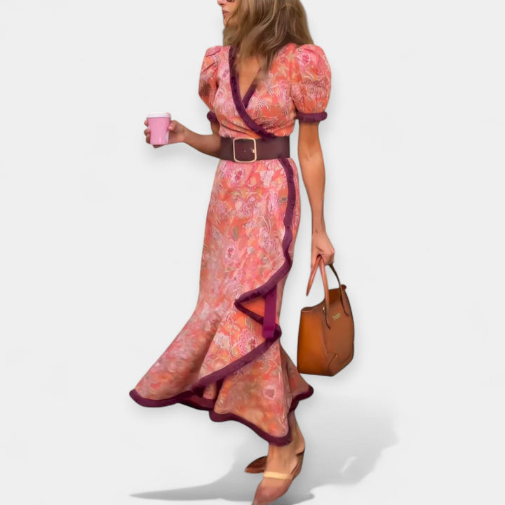 Romantic Dress with Belt and Satin Ruffles