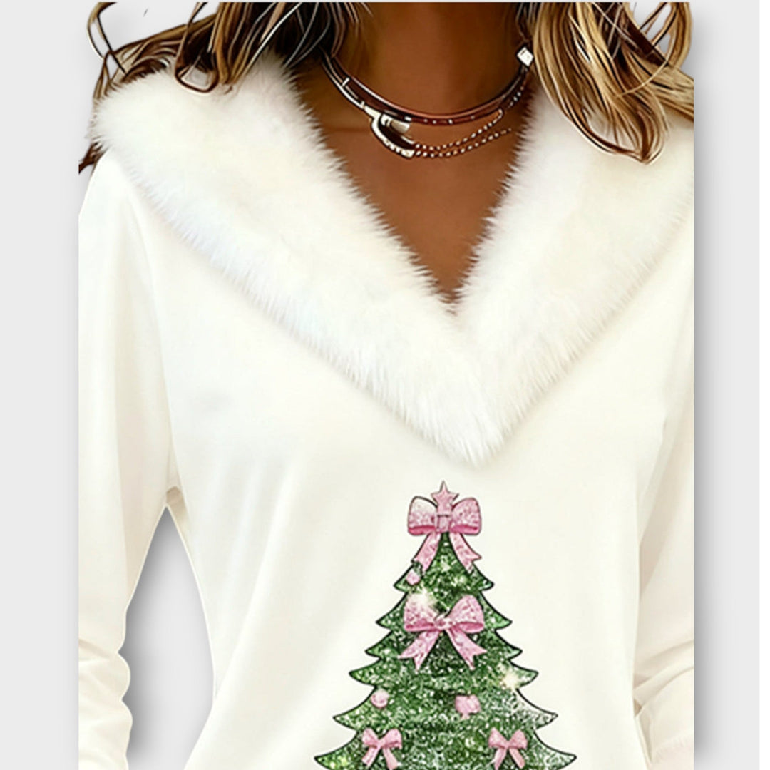 Merry Christmas Fur-Trim V-Neck Top