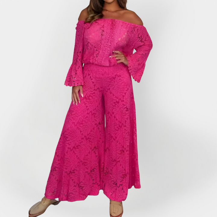 Full-Length Jumpsuit with Off-Shoulder Design and Lace