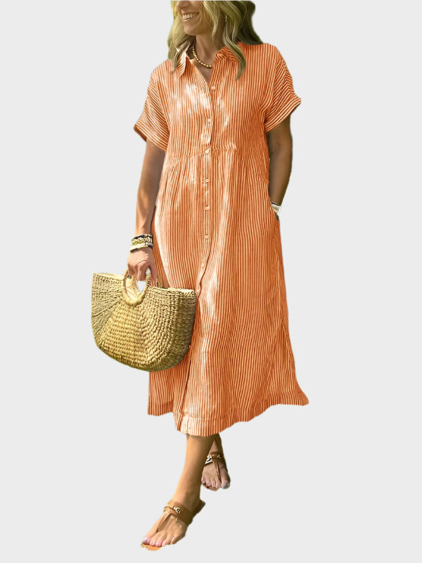 Striped Shirt Dress with Flaps, Buttons and Functional Pockets