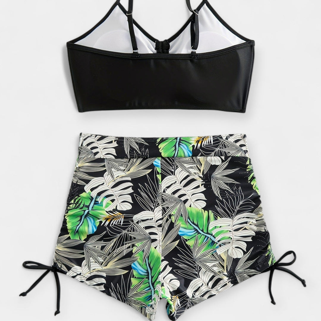 High-Waisted Bikini with Tropical Print and Straps