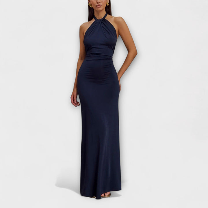 Long Dress with Neck Tie and Satin Texture