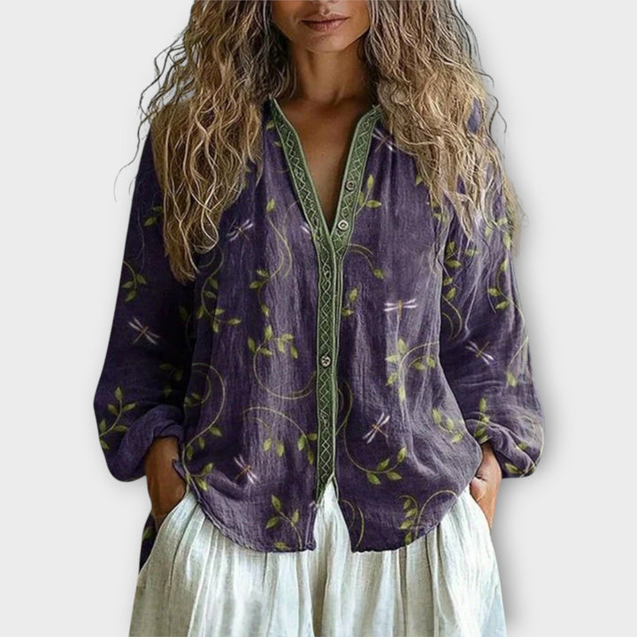 Relaxed Button-Front Blouse with Artistic Detailing