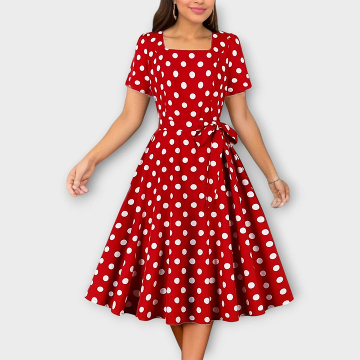 Retro Polka Dot Dress with Belt and Square Neckline