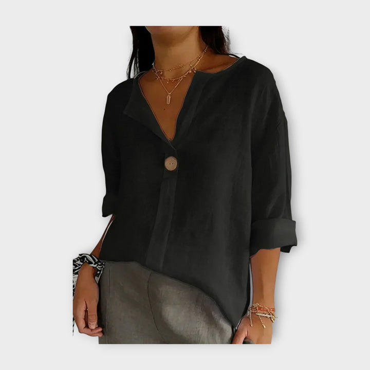 Linen Blouse with Button and V Neckline