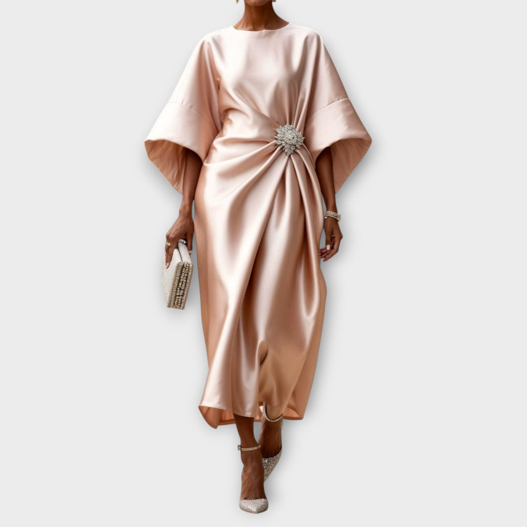 Elegant Satin Evening Gown with Embellished Waist Detail
