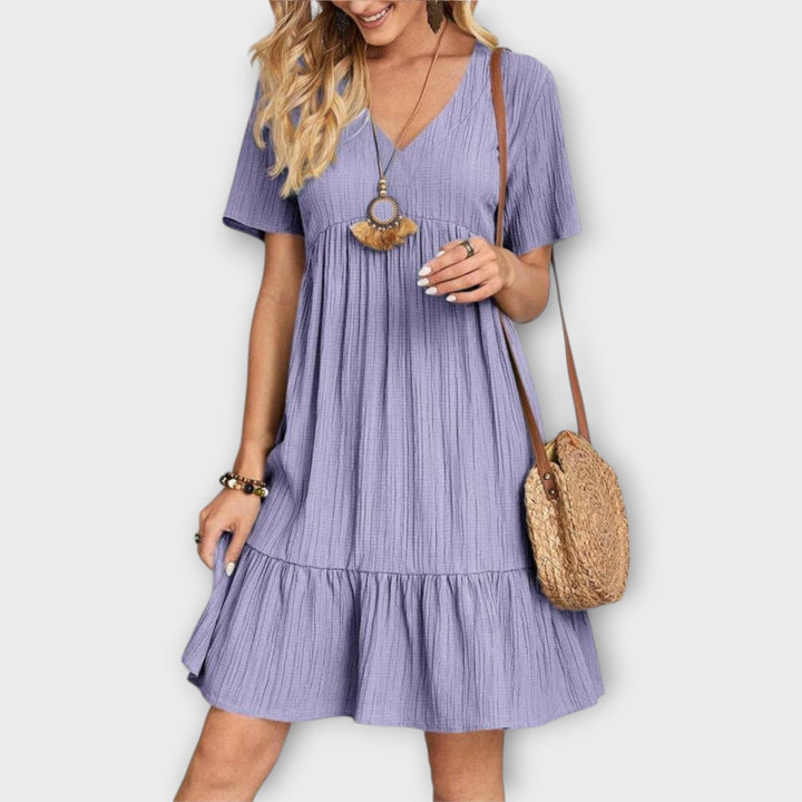 Boho Summer Dress with Pleats and Short Sleeves