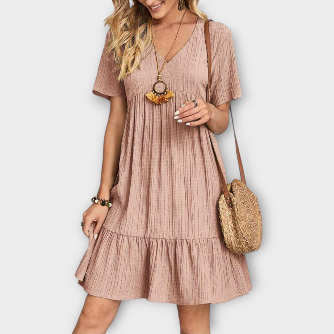 Boho Summer Dress with Pleats and Short Sleeves