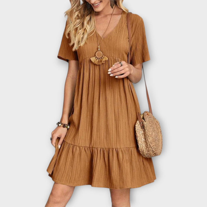 Boho Summer Dress with Pleats and Short Sleeves