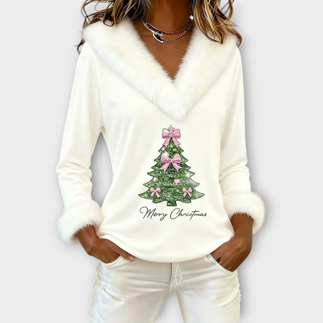 Merry Christmas Fur-Trim V-Neck Top