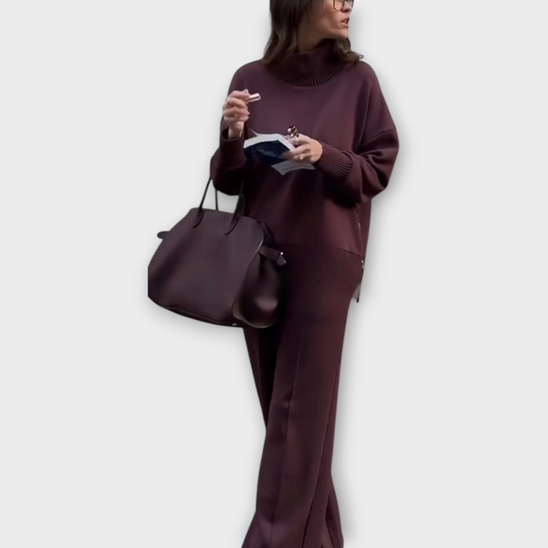 Relaxed Knit Set with High-Neck Sweater and Wide-Leg Trousers