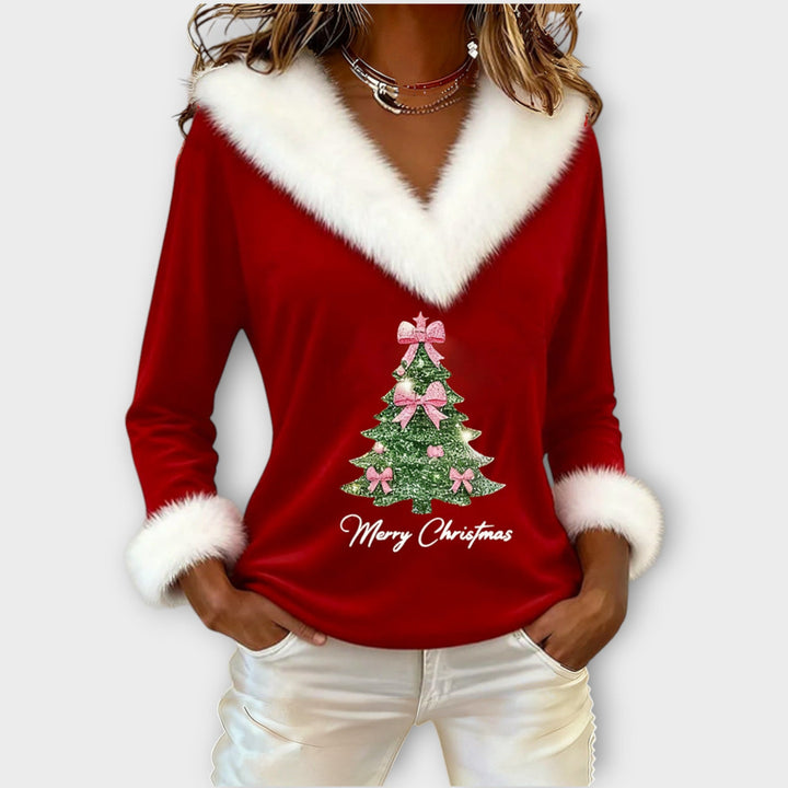 Merry Christmas Fur-Trim V-Neck Top