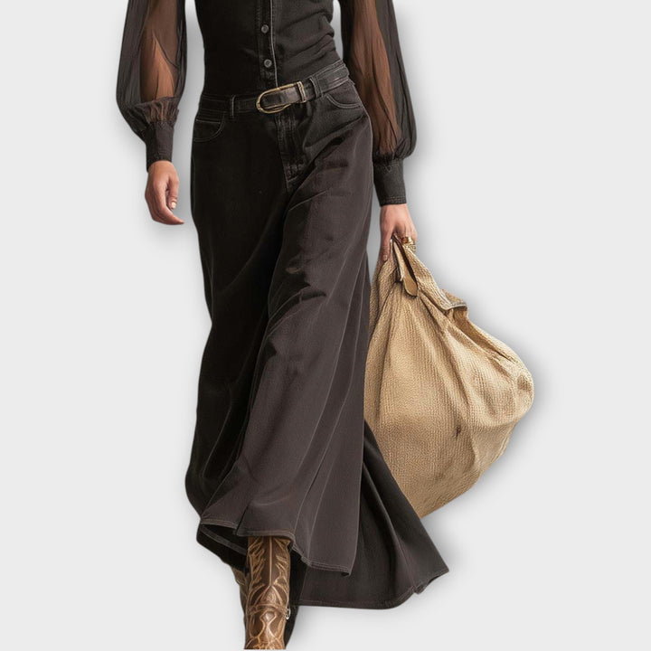 Sheer Sleeve Button-Front Maxi Dress