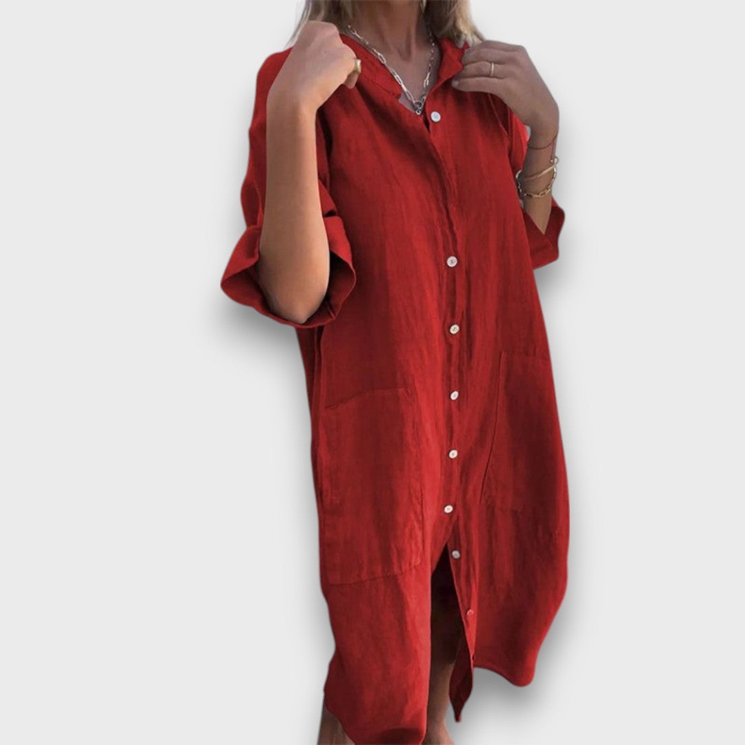 Linen Shirt Dress with Buttons and Pockets