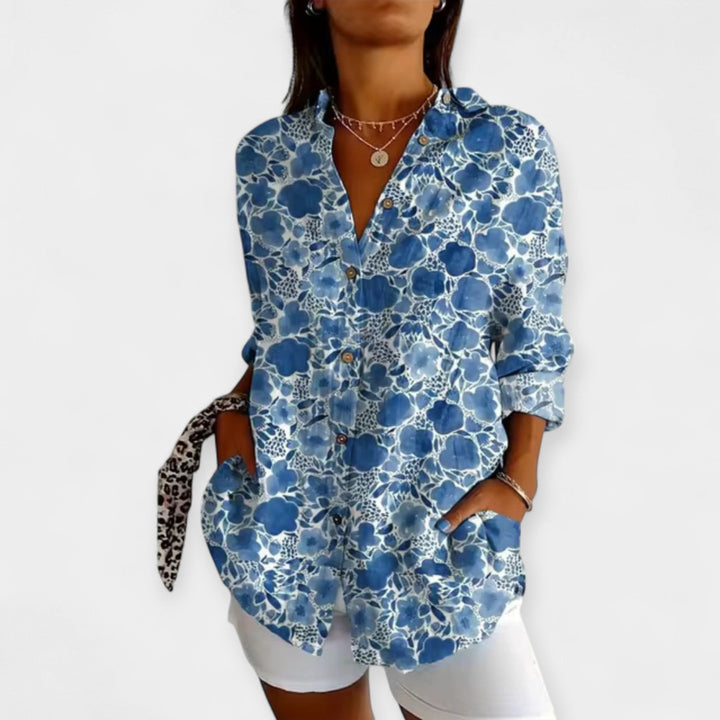 Button-Up Blouse with Floral Design