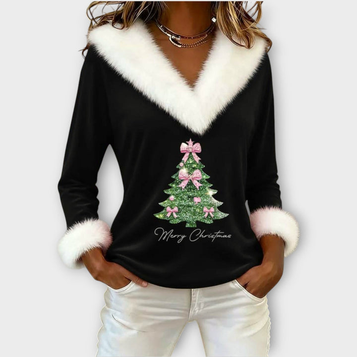 Merry Christmas Fur-Trim V-Neck Top