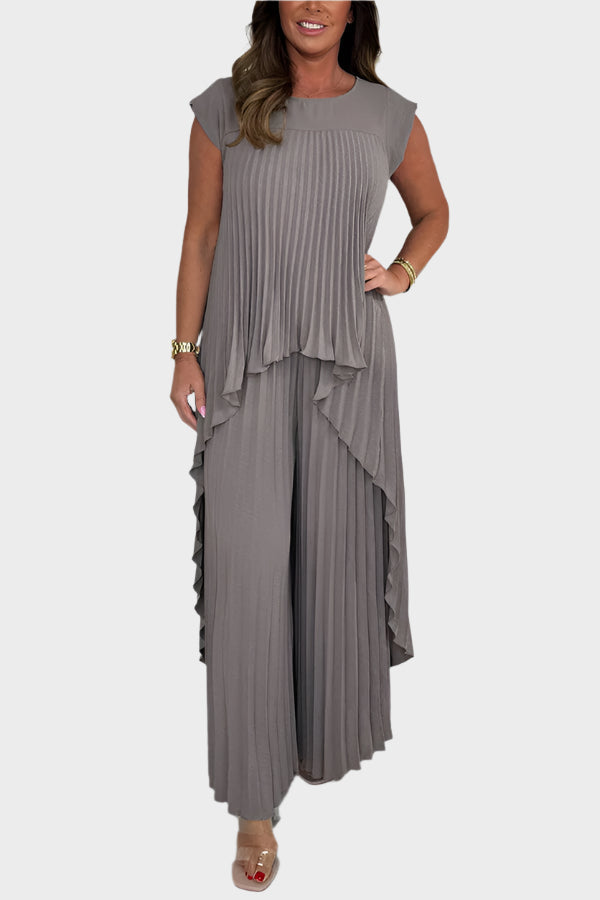 Pleated Top Set with Short Sleeves and Irregular Midi Length, Wide-Leg Trousers with Elastic Waist