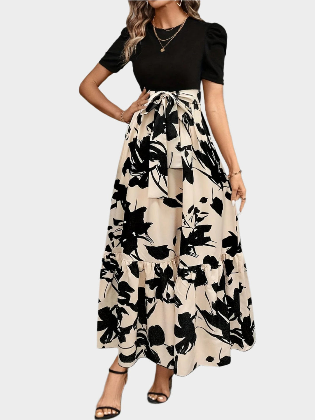 Floral Dress with High Waist and Striped Patterns