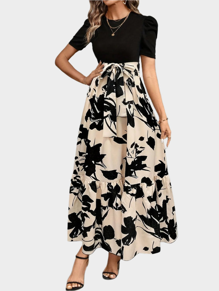 Floral Dress with High Waist and Striped Patterns