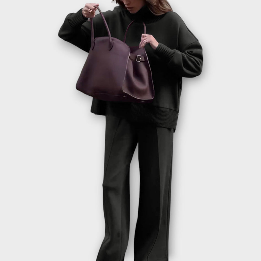 Relaxed Knit Set with High-Neck Sweater and Wide-Leg Trousers