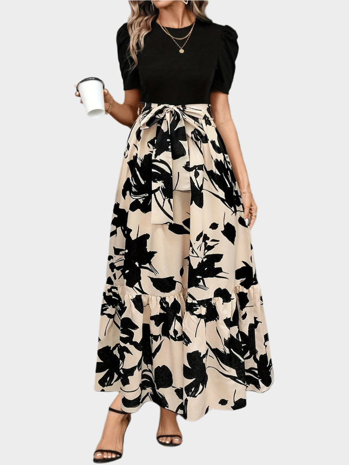 Floral Dress with High Waist and Striped Patterns