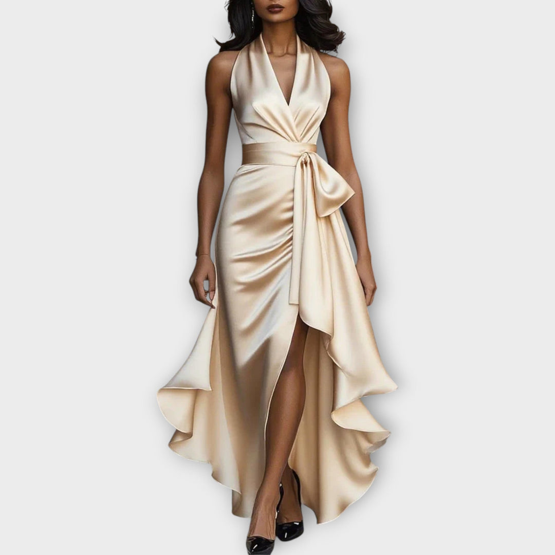Satin Halter Gown with Draped Waist Tie
