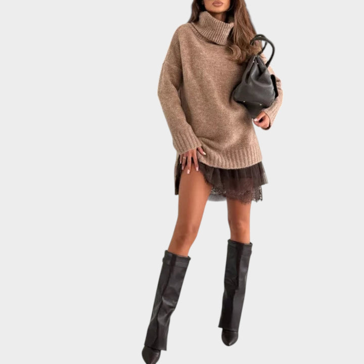 Oversized Knit Sweater Dress with Lace Hem