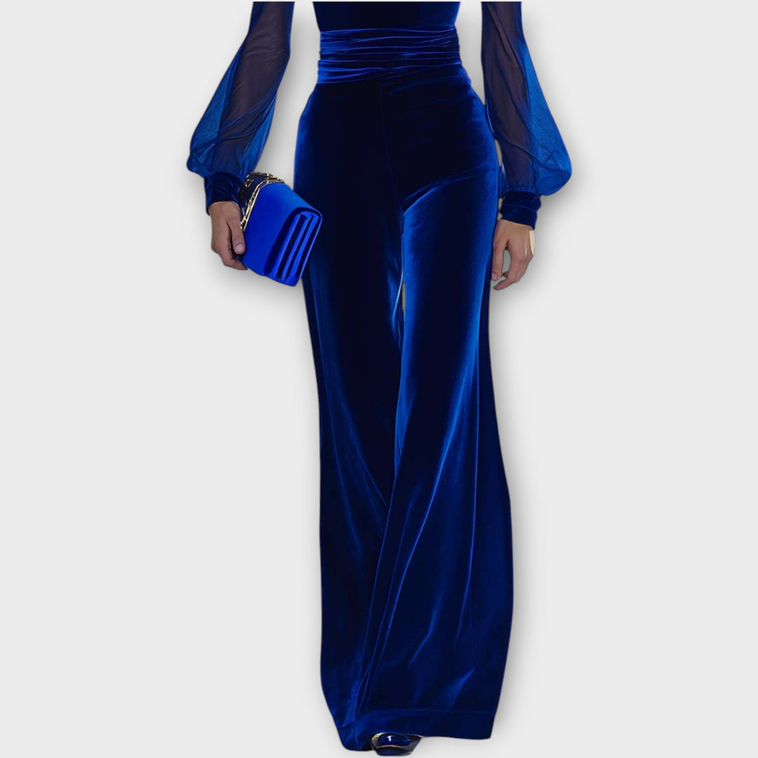 Velvet Wide-Leg Jumpsuit with Sheer Sleeves