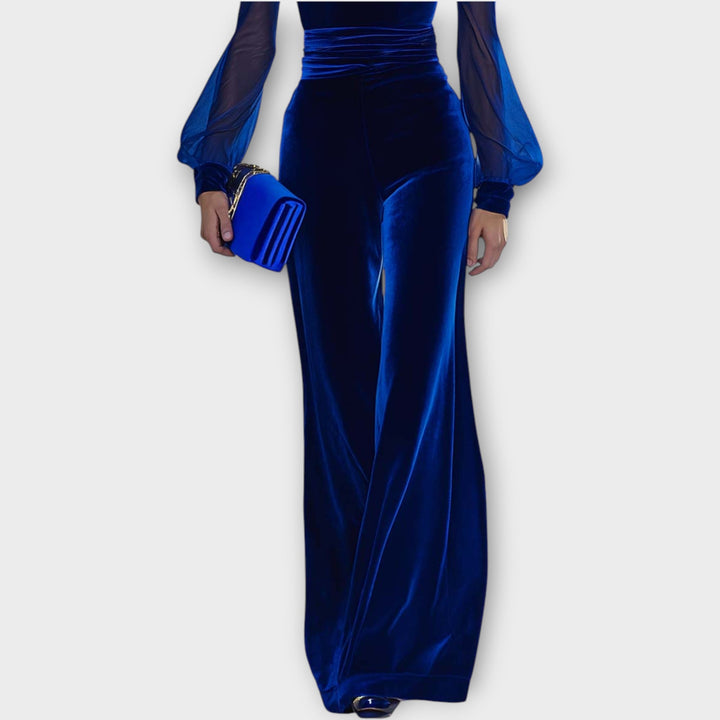 Velvet Wide-Leg Jumpsuit with Sheer Sleeves