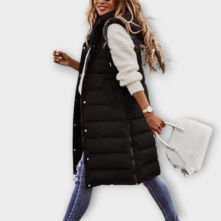 Women’s Long Sleeveless Quilted Vest with Hood