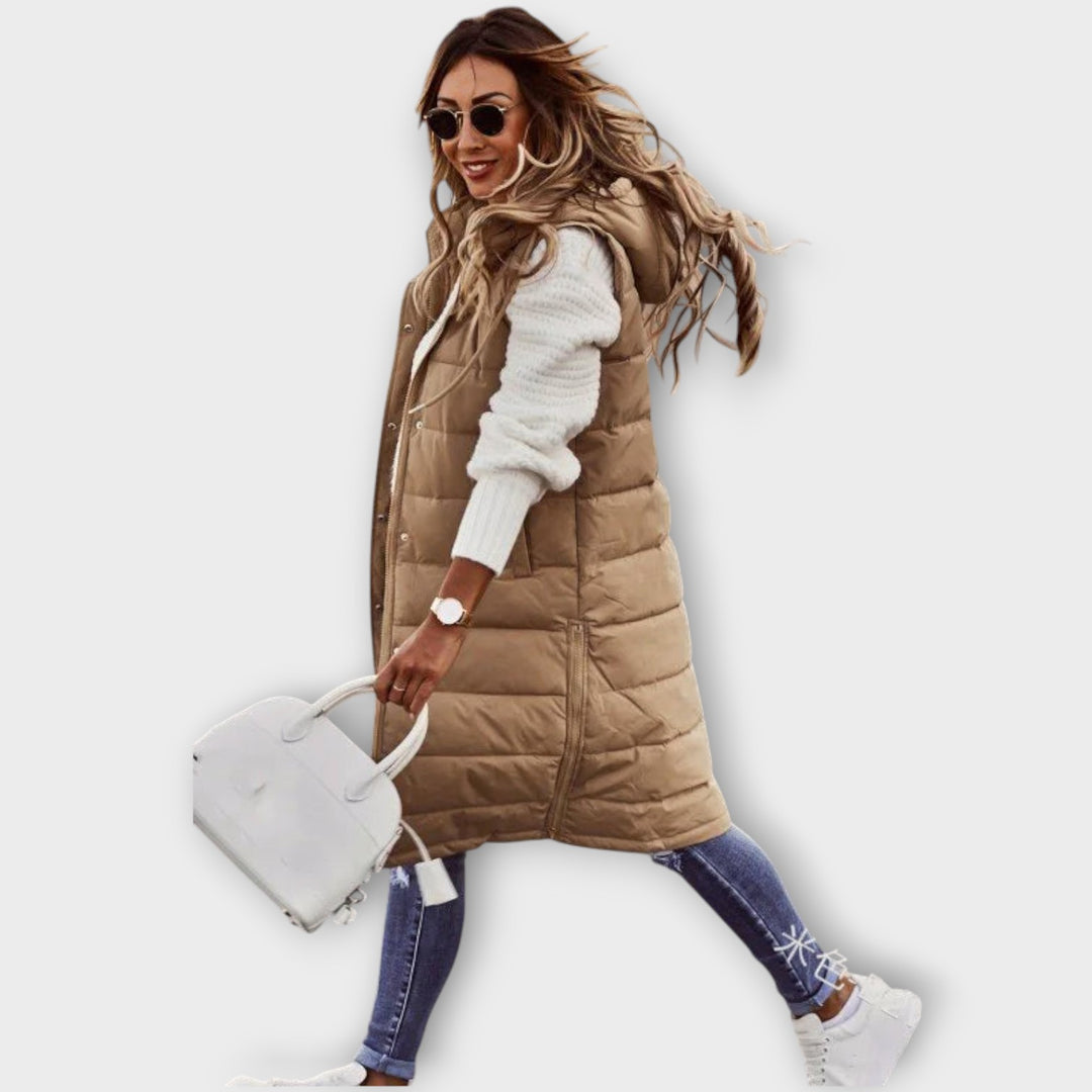 Women’s Long Sleeveless Quilted Vest with Hood
