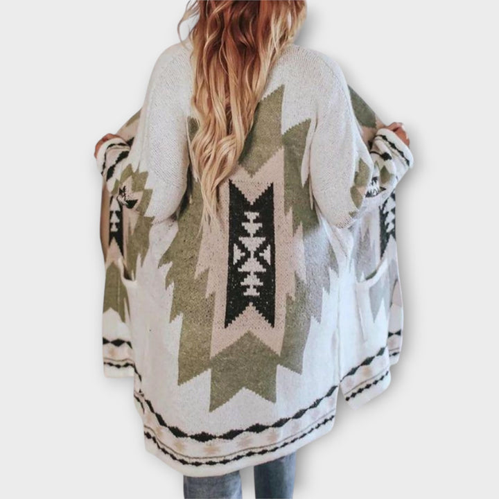 Women’s Bohemian Open-Front Long Cardigan with Geometric Pattern
