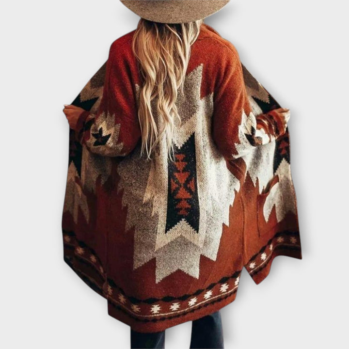 Women’s Bohemian Open-Front Long Cardigan with Geometric Pattern