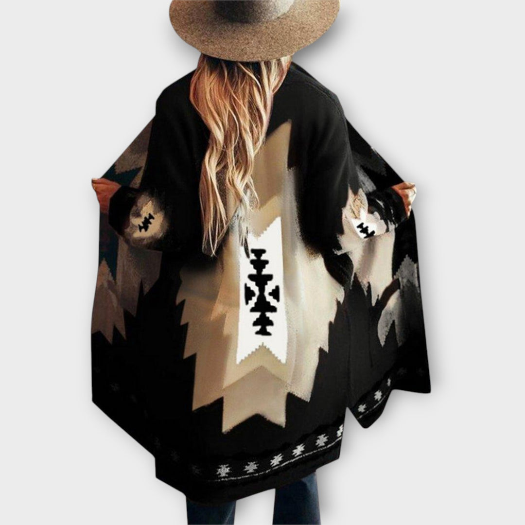 Women’s Bohemian Open-Front Long Cardigan with Geometric Pattern