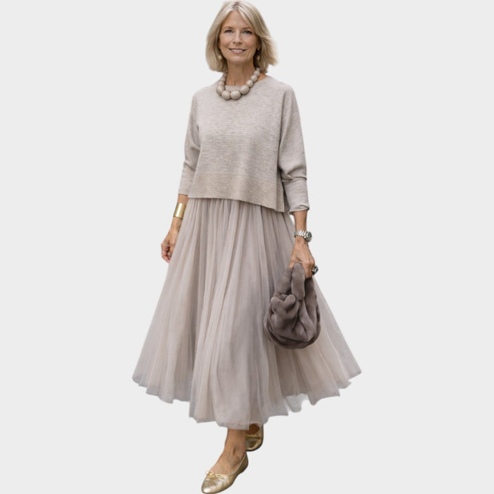Elegant Layered Tulle Midi Dress Set