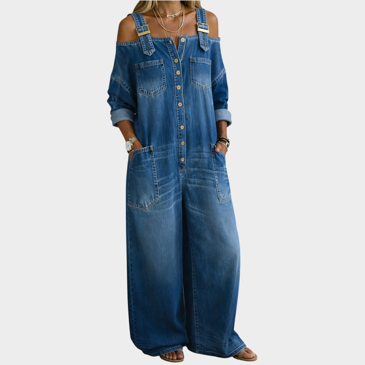 Denim Off-Shoulder Wide-Leg Jumpsuit