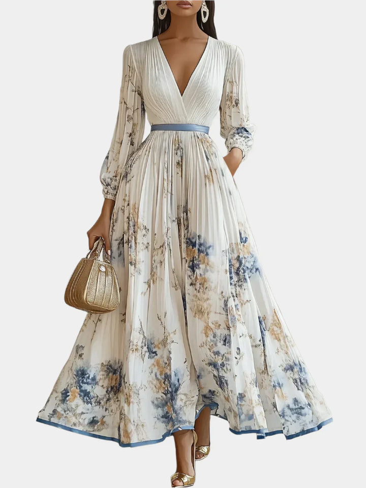 Long Dress with Puff Sleeves and V-Neck