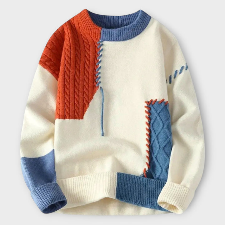 Loose-Fit Patchwork Sweater with Tonal Stitching for Men