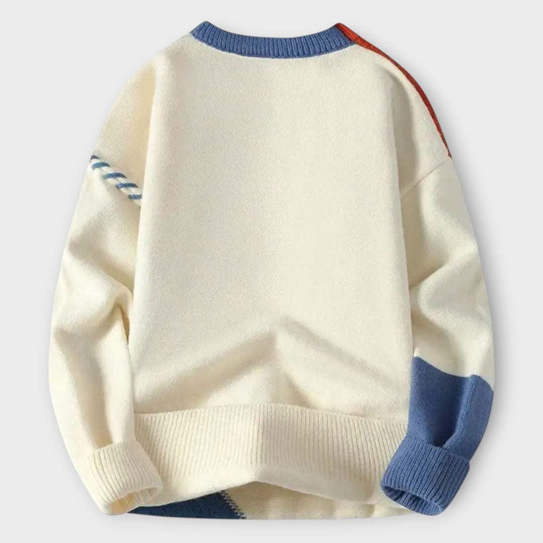 Loose-Fit Patchwork Sweater with Tonal Stitching for Men