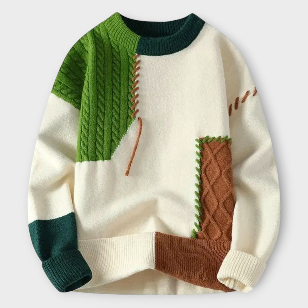 Loose-Fit Patchwork Sweater with Tonal Stitching for Men
