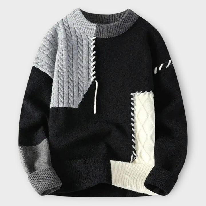 Loose-Fit Patchwork Sweater with Tonal Stitching for Men